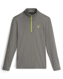 Gray long-sleeve shirt with a yellow zipper and logo on a white background