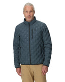 Man wearing a blue quilted jacket on a white background