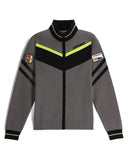 Gray sweater with black and yellow accents and brand logos on a white background
