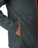 Gray jacket with orange zipper and trim on a white background