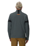 Person wearing a gray jacket with black accents and a visible brand logo on the back, standing against a white background.