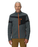 Man wearing a gray and black jacket with orange accents on a white background