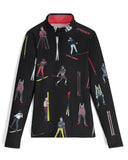 Black long-sleeve shirt with skiing-themed illustrations on a white background