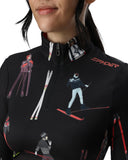 Black ski jacket with embroidered designs of skiers, featuring the Spyder brand.