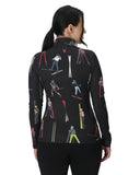 Black long-sleeve shirt with colorful skiing pattern on a white background