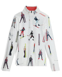 White jacket with skiing pattern and Spyder branding on a white background