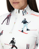 White jacket with skiing graphics worn by a person