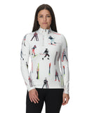 Woman wearing a white long-sleeve shirt with skiing pattern on a white background