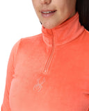Person wearing a coral fleece pullover with a logo on a white background