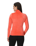 Person wearing a bright orange long-sleeve athletic top on a white background