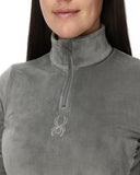 Gray fleece pullover with a logo on a white background