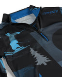 Close-up of a Spyder jacket with blue and gray design elements on a white background
