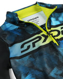 Close-up of a blue and black jacket with a brand logo on a white background