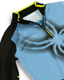 Blue and black cycling jersey with a prominent spider web design on a white background