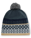 Knitted beanie with pom-pom and patterned design on a white background
