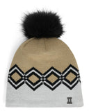 Beige and gray knit beanie with black diamond pattern and black pom-pom on a white background