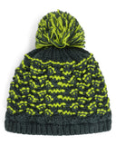 Knitted beanie with green and gray pattern on a white background