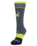 Gray sock with green accents and a spider logo on a white background