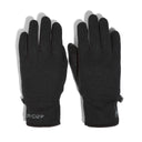 Pair of black gloves with a brand logo on a white background