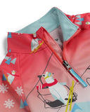 Children's pink jacket with bear design and snowflake patterns on a white background