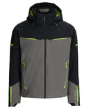 Black, gray, and green jacket with a hood on a white background