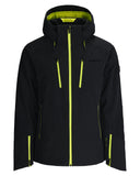 Black jacket with neon green accents on a white background