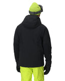 Person wearing a black jacket, green beanie, and yellow pants on a white background