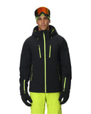 Person wearing a black ski jacket with green accents and yellow pants on a white background