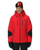 Person wearing a red and black ski jacket with goggles on a white background