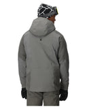 Person wearing a gray jacket and black gloves on a white background