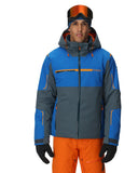 Person wearing a blue and gray jacket with orange accents on a white background