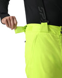 Person wearing bright green pants with a black jacket on a white background