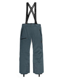 Teal snow pants with black suspenders on a white background