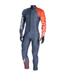 Wetsuit with blue and orange design on a white background