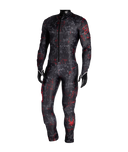 Black and red patterned race suit on a against a white background