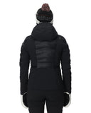 Person wearing a black winter coat with a hood on a white background