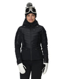 Person wearing a black ski jacket, goggles, and gloves on a white background