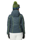 Person wearing a gray jacket with green accents on a white background