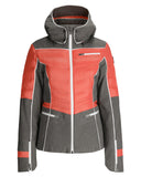 Red and gray jacket with a hood on a white background