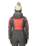 Person wearing a gray and red winter jacket with a white background