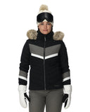 Person wearing a black and gray winter jacket with fur-lined hood on a white background