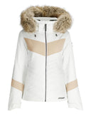 White jacket with fur hood and beige accents on a white background