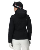 Person wearing a black jacket and white pants with a helmet on a white background