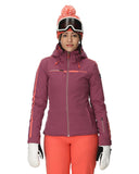 Person wearing a purple ski jacket, pink pants, and goggles on a white background