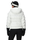 Person wearing a white puffer jacket, black pants, and gloves on a white background