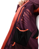 Close-up of a purple and orange jacket with 'Spyder' branding on a white background
