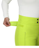 Close-up of bright green pants with a white shirt on a white background