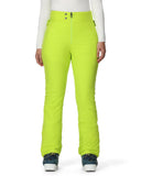 Bright green ski pants worn by a person on a white background