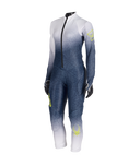 Gradient racing suit with black, white, and blue design on a white background