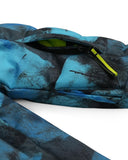Blue and black camouflage-patterned bag with a yellow zipper on a white background